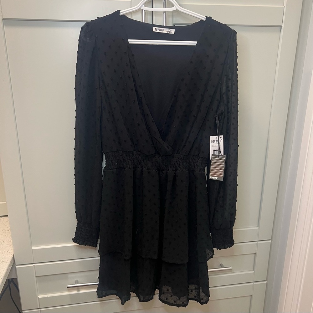 NWT DEVOTED Sheer Fully Lined Polka Dot Embroidered Dress | Deep V | Size Small